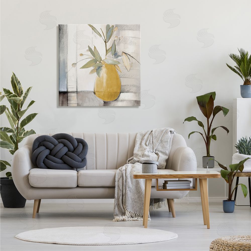 Lanie Loreth Abstract Quaint Potted Plant Green Leaves Grey Wall Canvas Wall Art in Room