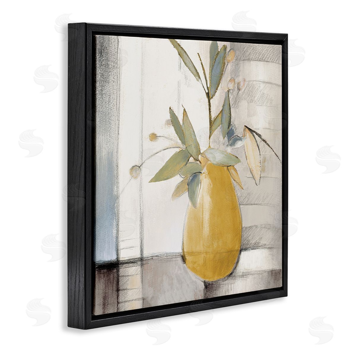 Lanie Loreth Abstract Quaint Potted Plant Green Leaves Grey Wall Black Floating Frame Canvas Wall Art Print