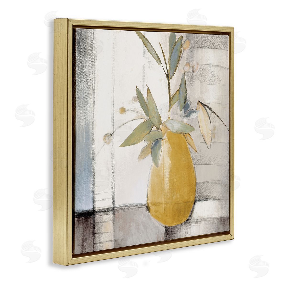 Lanie Loreth Abstract Quaint Potted Plant Green Leaves Grey Wall Gold Floating Frame Canvas Wall Art Print