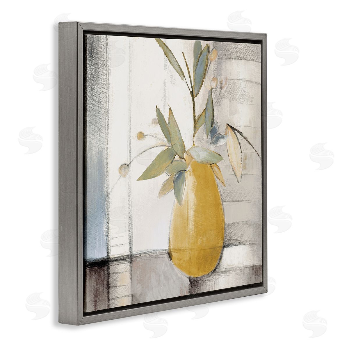 Lanie Loreth Abstract Quaint Potted Plant Green Leaves Grey Wall Gray Floating Frame Canvas Wall Art Print