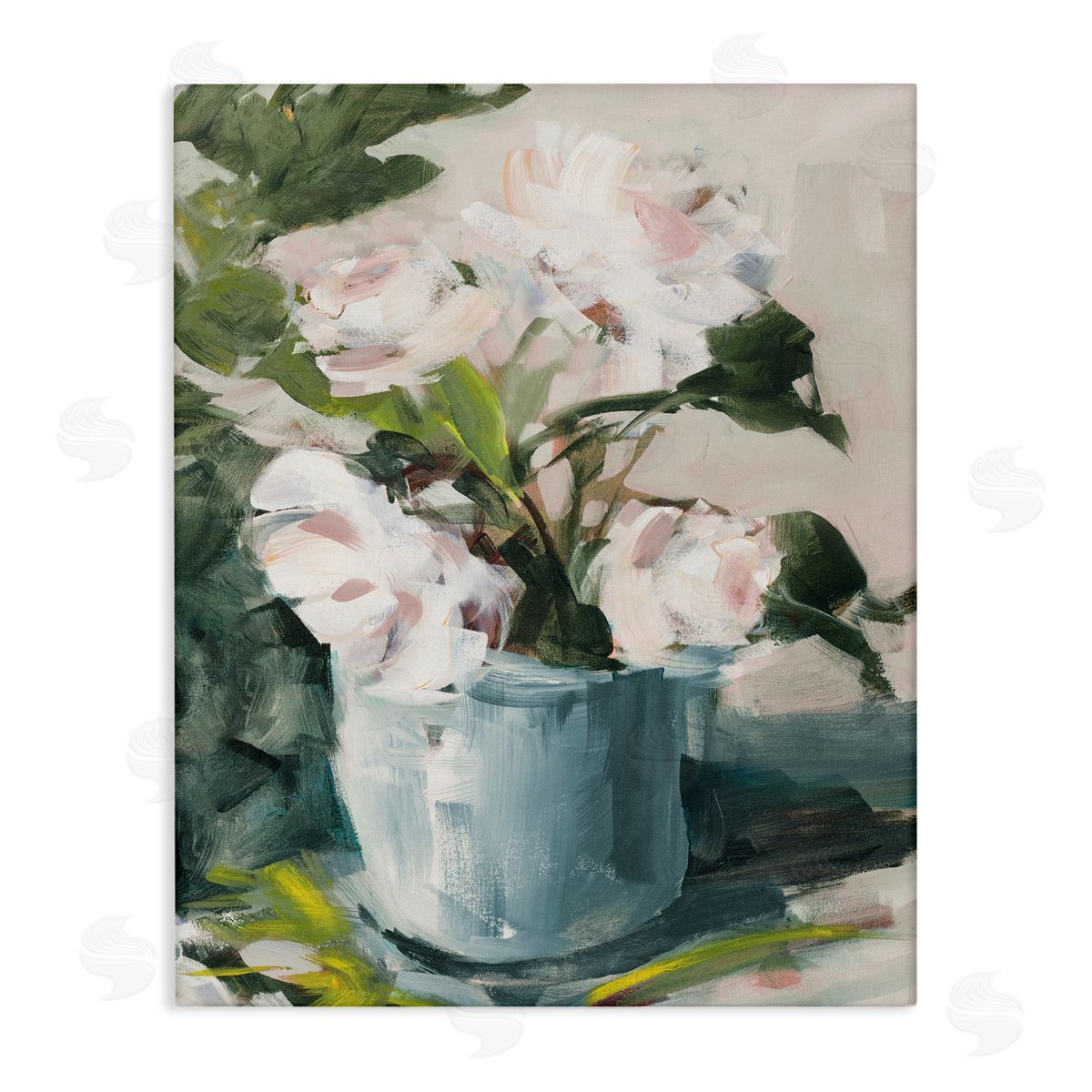 Jane Slivka Impressionist Potted Flowers Green Leaves Pink Petals