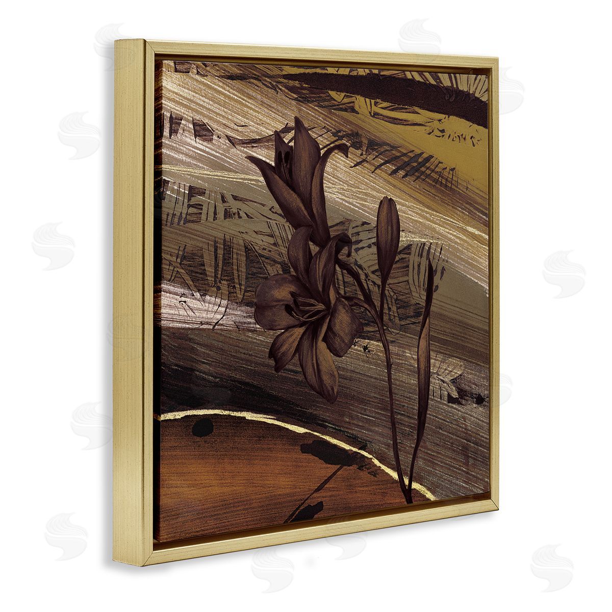 Anne Brochard Rustic Lilies Abstract Muddy Brown Earth Tones  Gold Floating Frame Canvas Wall Art Print