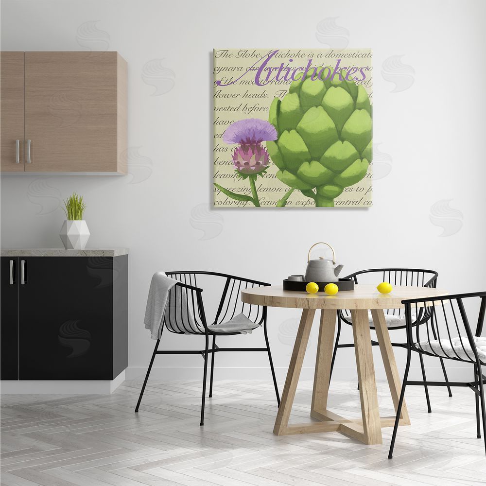 Sally Springer Griffith Artichoke Blooming Florals Green Vegetable Traditional Script Canvas Wall Art in Room