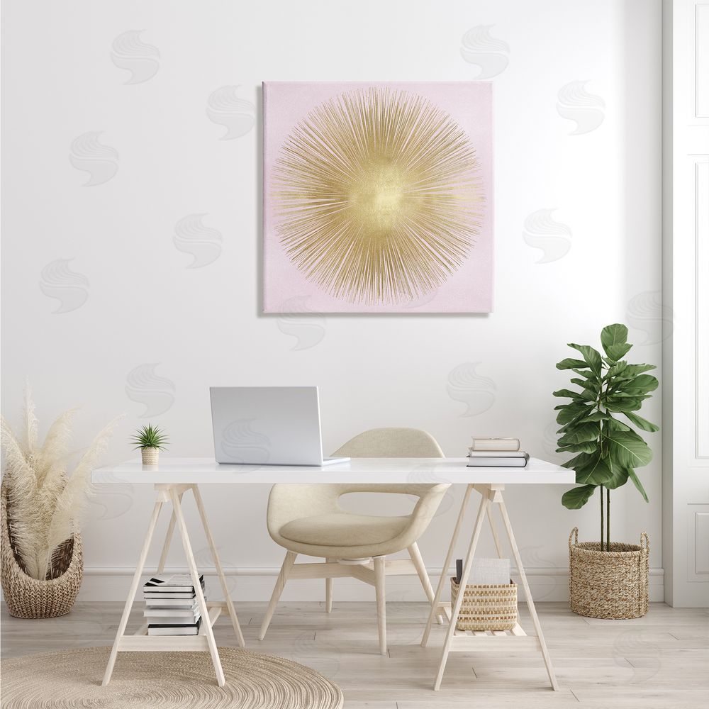 Abby Young Minimal Abstract Glam Sunburst Lines Over Pink Canvas Wall Art in Room