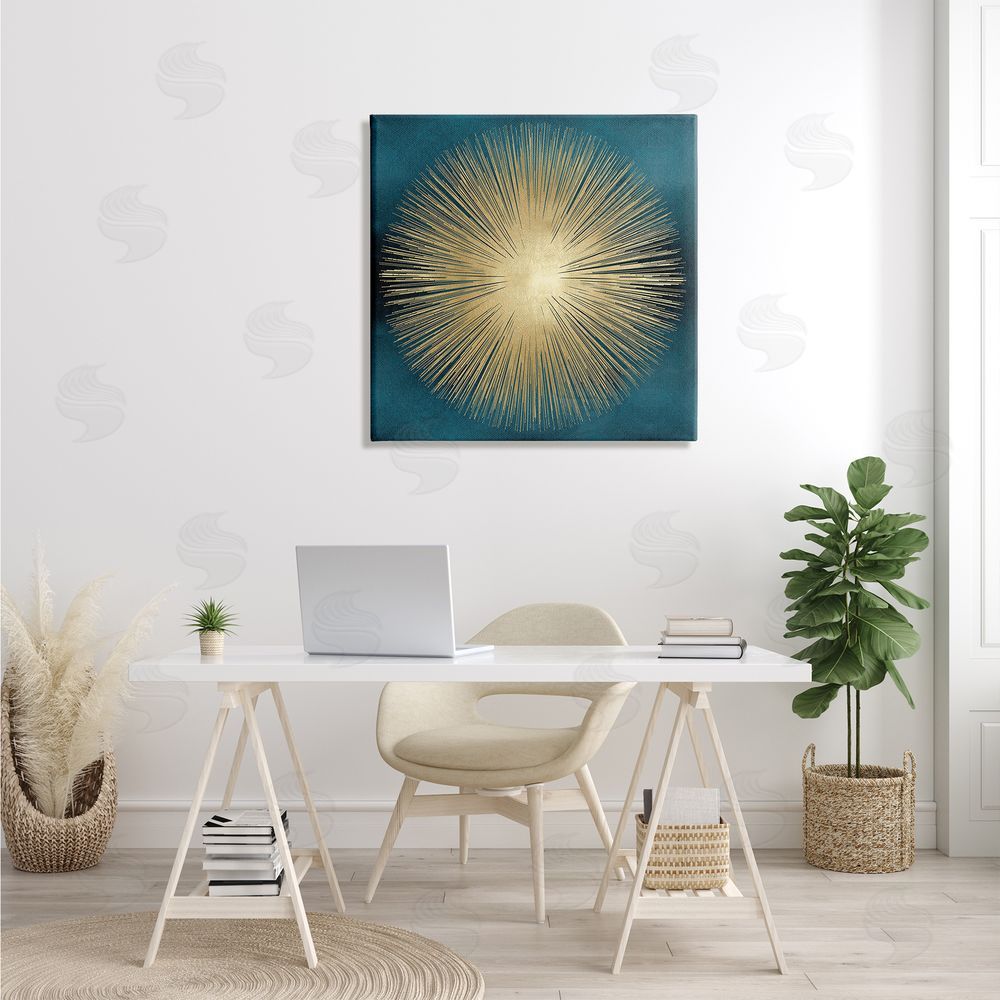 Abby Young Abstract Deco Sunburst Shape Over Dark Blue Canvas Wall Art in Room