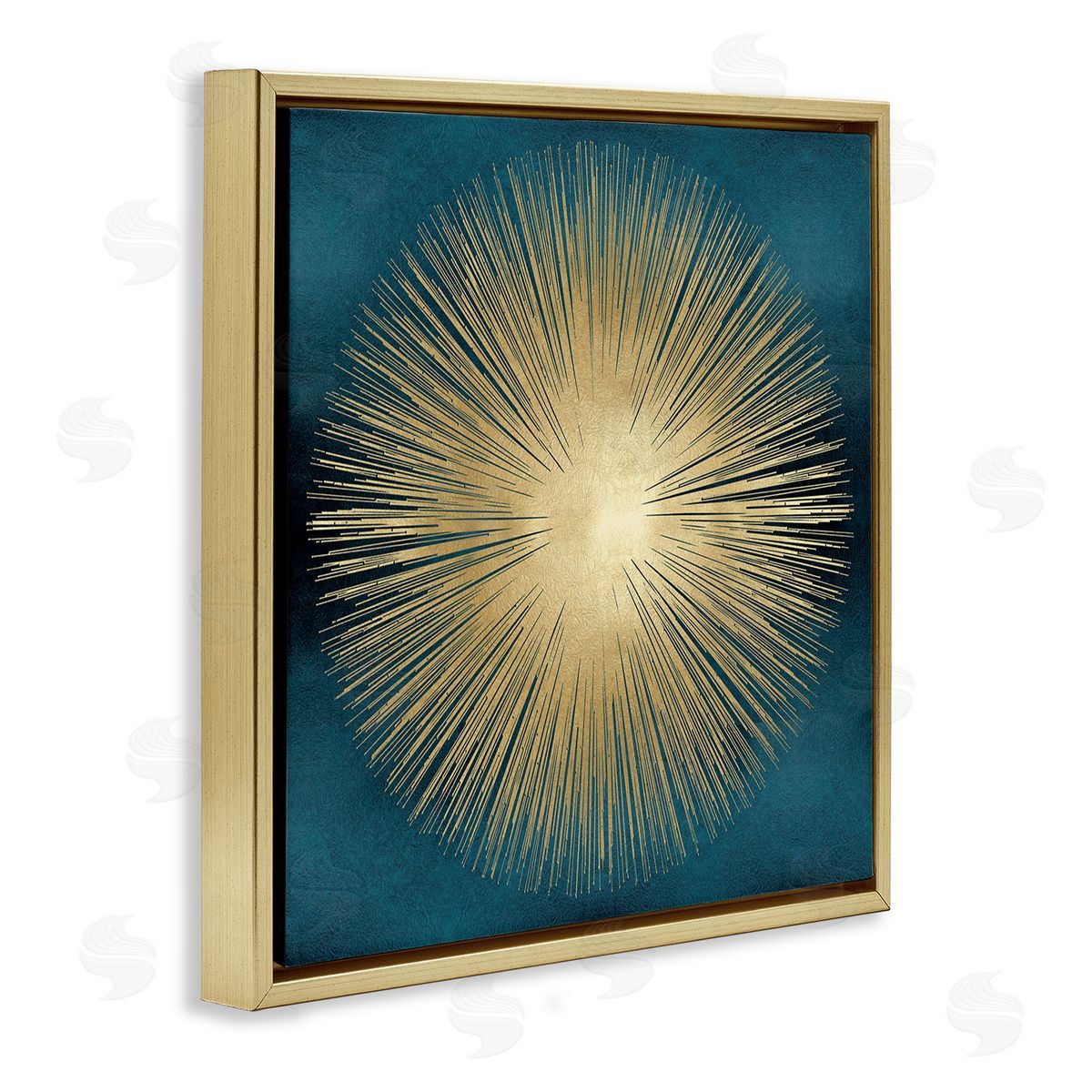 Abby Young Abstract Deco Sunburst Shape Over Dark Blue Gold Floating Frame Canvas Wall Art Print
