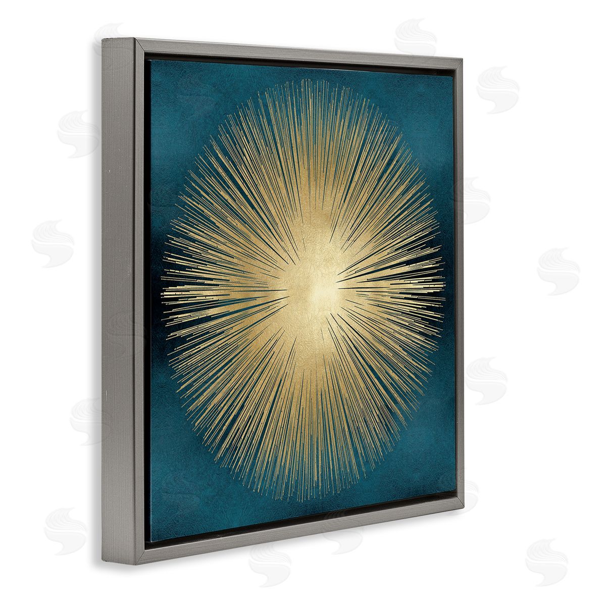 Abby Young Abstract Deco Sunburst Shape Over Dark Blue Gray Floating Frame Canvas Wall Art Print