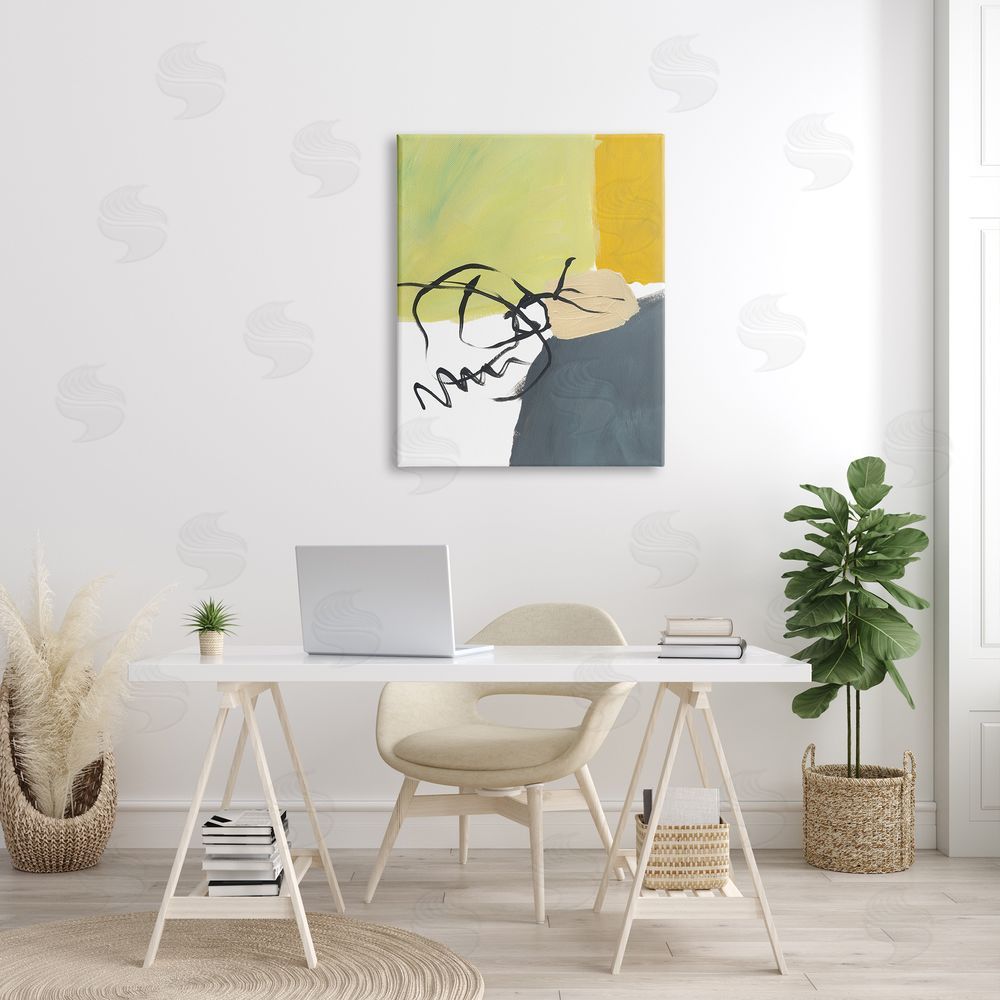 Bronwyn Baker Abstract Yellow Grey Shapes Fluid Black Lines