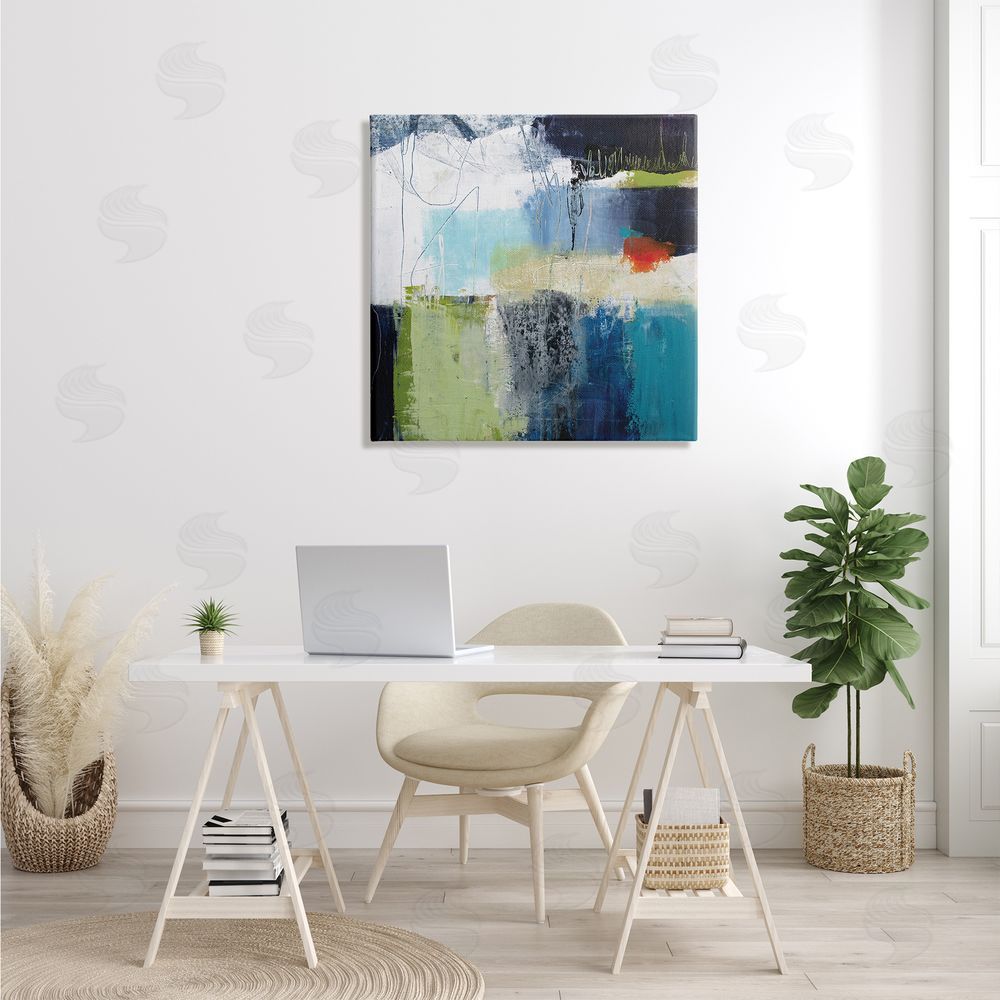 Pamela K. Beer Abstract Collage of Chaotic Shapes Blue Green Canvas Wall Art in Room