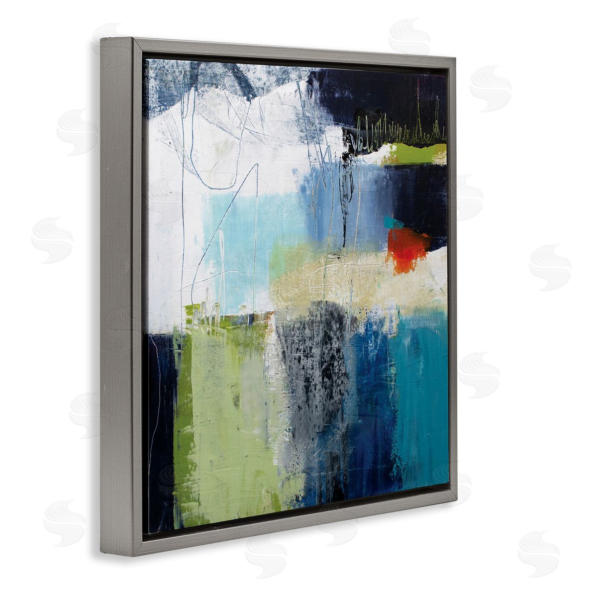 Pamela K. Beer Abstract Collage of Chaotic Shapes Blue Green Gray Floating Frame Canvas Wall Art Print