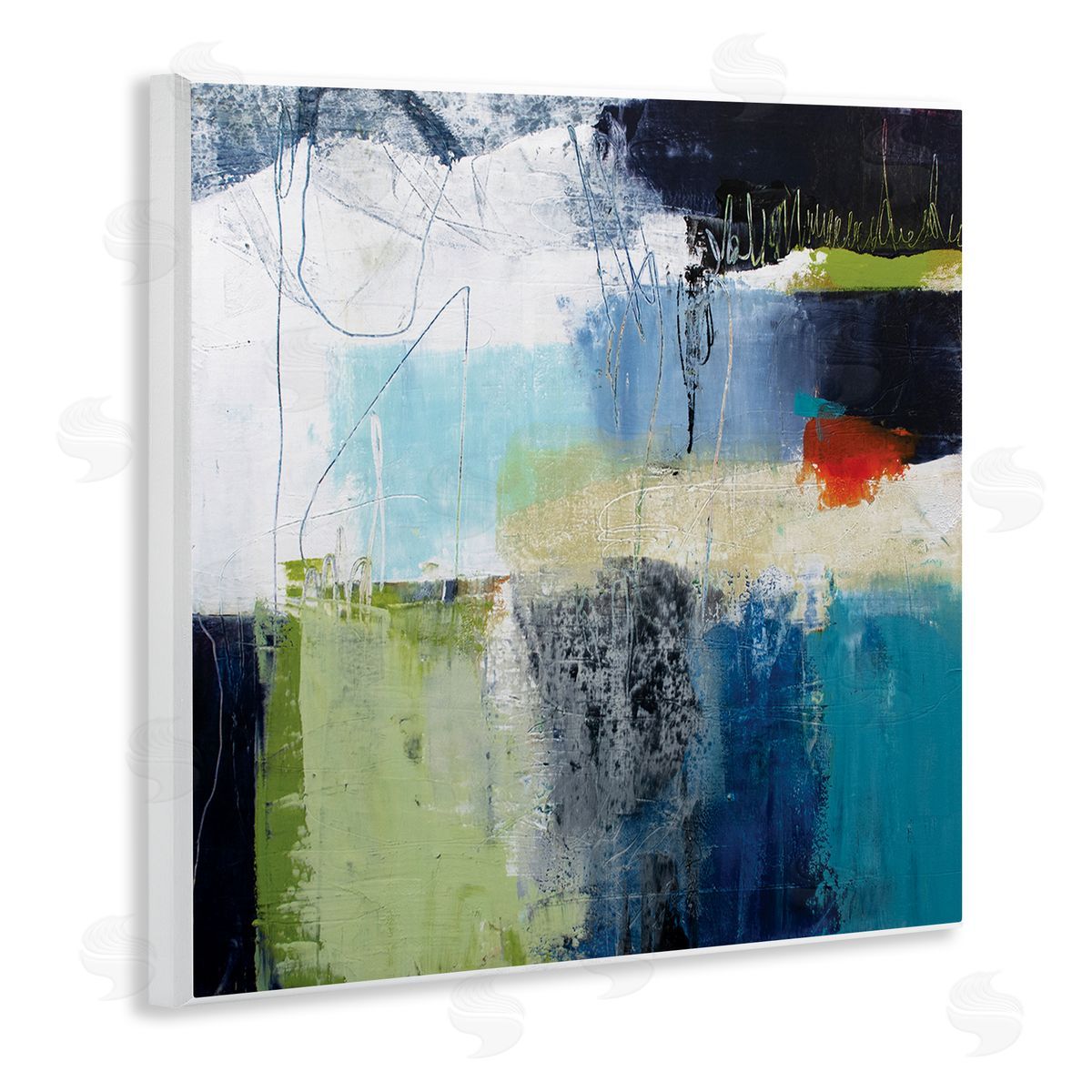 Pamela K. Beer Abstract Collage of Chaotic Shapes Blue Green Wooden Wall Plaque Art Print