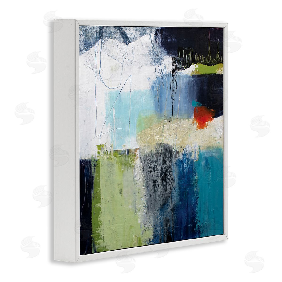 Pamela K. Beer Abstract Collage of Chaotic Shapes Blue Green White Framed Glicee Wall Art Print