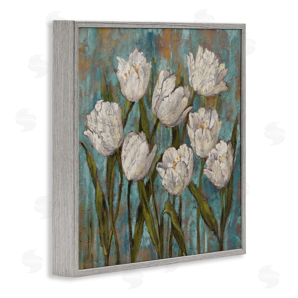 Brian Francis Vintage Country White Tulips over Distressed Soft Blue  Gray Framed Glicee Wall Art Print