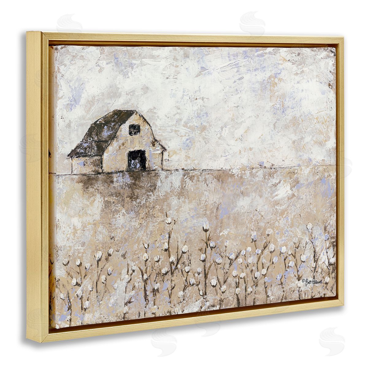 White Barn Distressed Landscape Gold Floating Frame Canvas Wall Art, Home Decor by Britt Hallowell