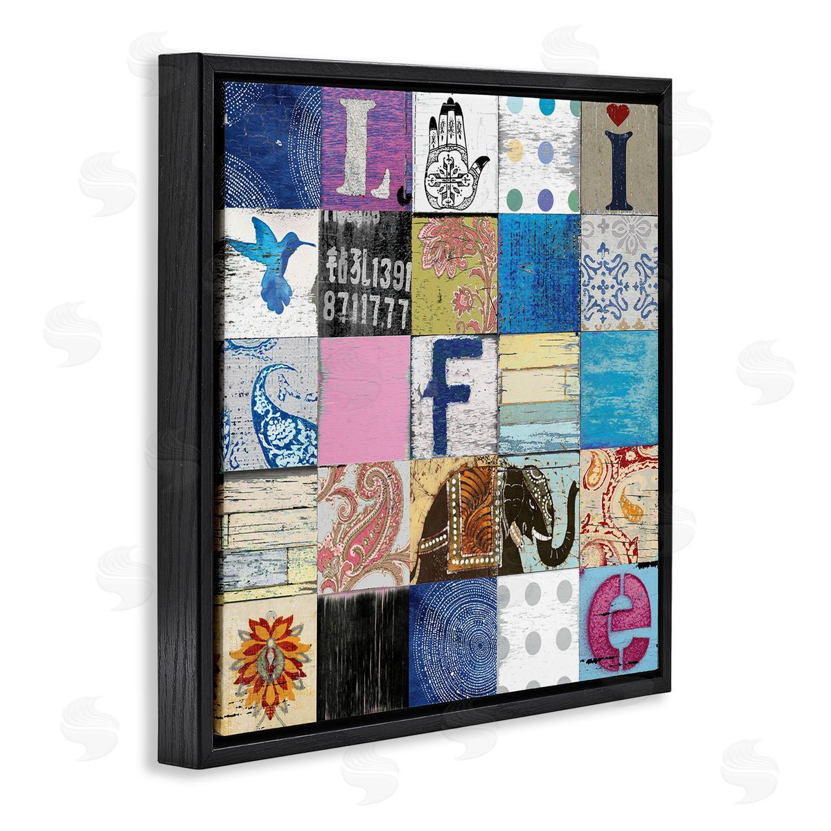 Charlie Carter Vintage Icon Collage Life Typography Rustic Elephant Black Floating Frame Canvas Wall Art Print
