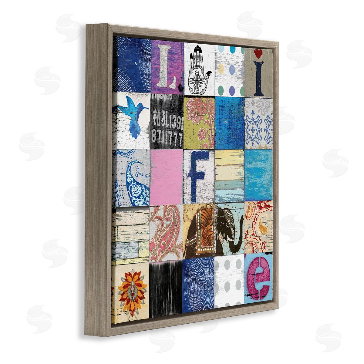 Charlie Carter Vintage Icon Collage Life Typography Rustic Elephant Brown Floating Frame Canvas Wall Art Print