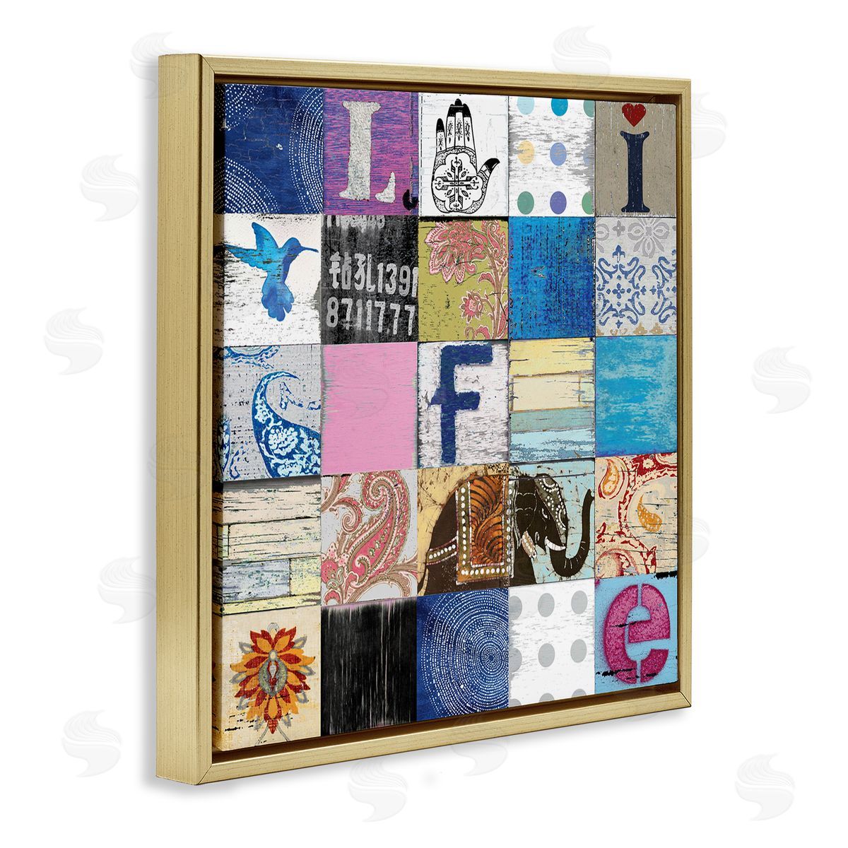 Charlie Carter Vintage Icon Collage Life Typography Rustic Elephant Gold Floating Frame Canvas Wall Art Print