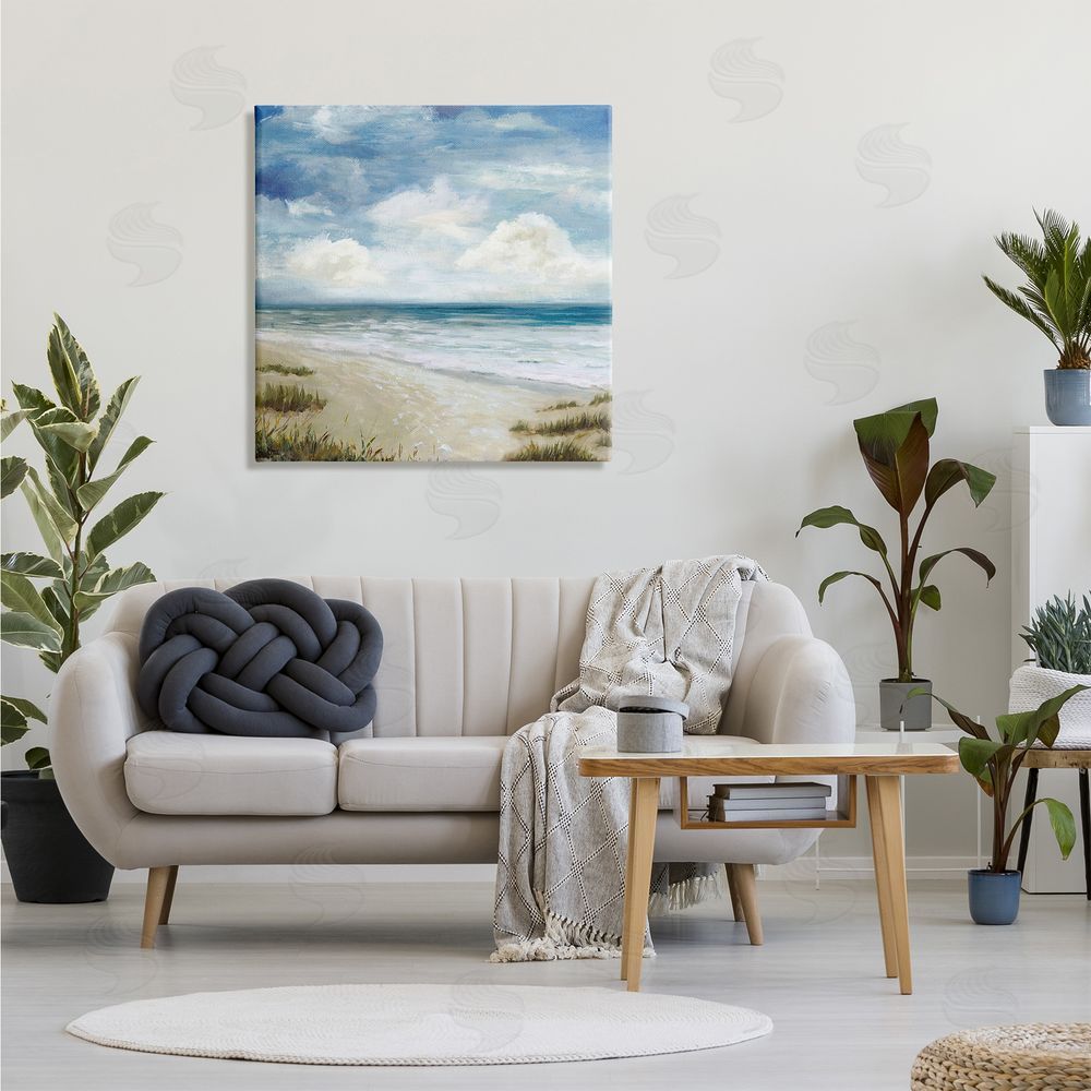 Carson Lyons Cloudy Sky Beach Coast Landscape White Foam Tide Canvas Wall Art in Room