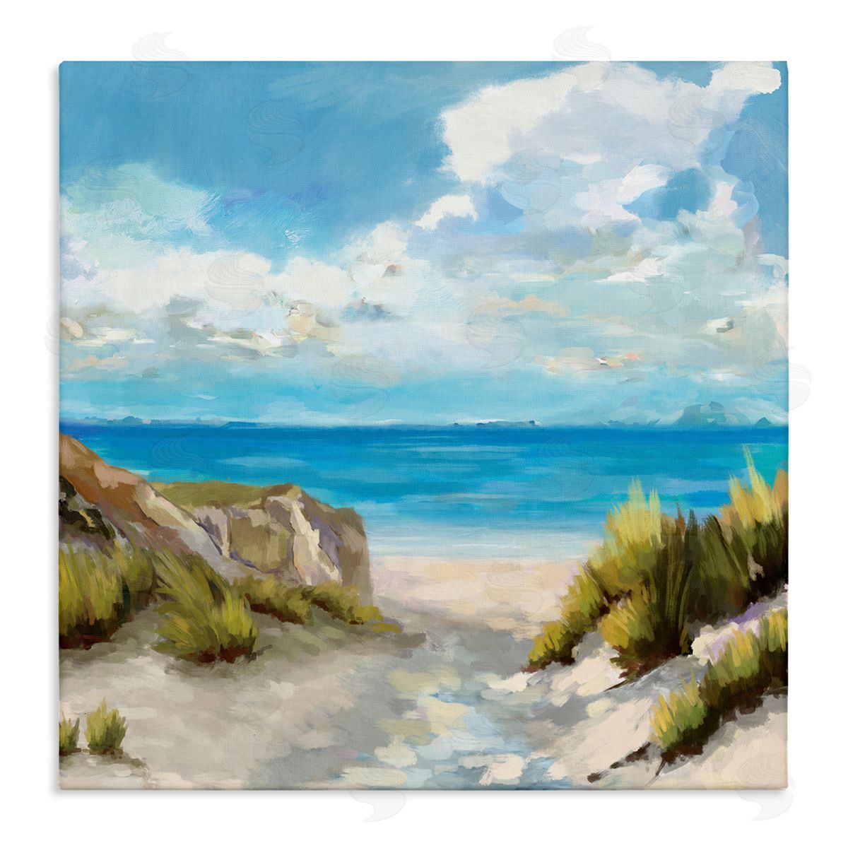 Carson Lyons Coastal Path to Beach Nautical Grass Cloudy Summer Sky Stretched Canvas Wall Art Print