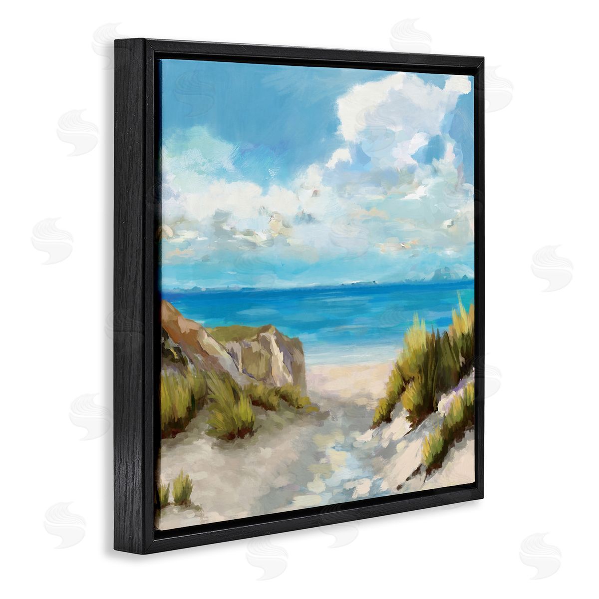 Carson Lyons Coastal Path to Beach Nautical Grass Cloudy Summer Sky Black Floating Frame Canvas Wall Art Print