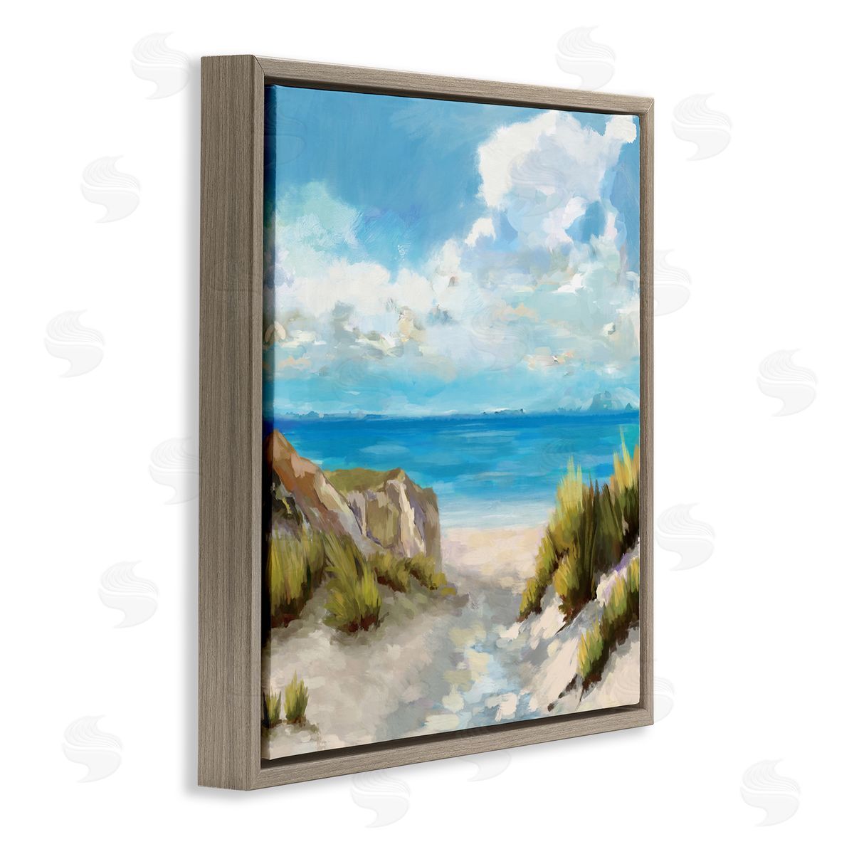 Carson Lyons Coastal Path to Beach Nautical Grass Cloudy Summer Sky Brown Floating Frame Canvas Wall Art Print