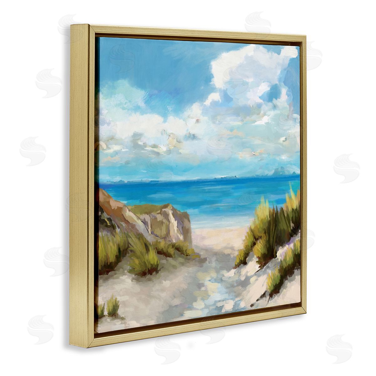 Carson Lyons Coastal Path to Beach Nautical Grass Cloudy Summer Sky Gold Floating Frame Canvas Wall Art Print