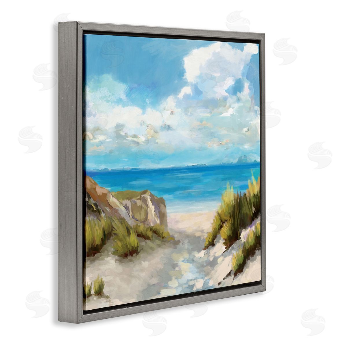 Carson Lyons Coastal Path to Beach Nautical Grass Cloudy Summer Sky Gray Floating Frame Canvas Wall Art Print