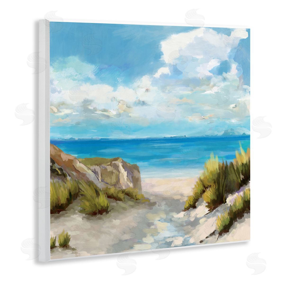 Carson Lyons Coastal Path to Beach Nautical Grass Cloudy Summer Sky Wooden Wall Plaque Art Print