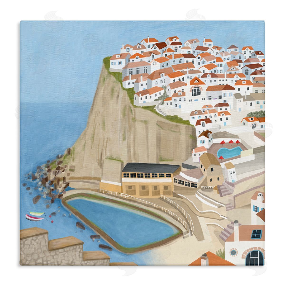 Carla Daly Portugal Sea Port Coastal City Landscape Illustration Stretched Canvas Wall Art Print