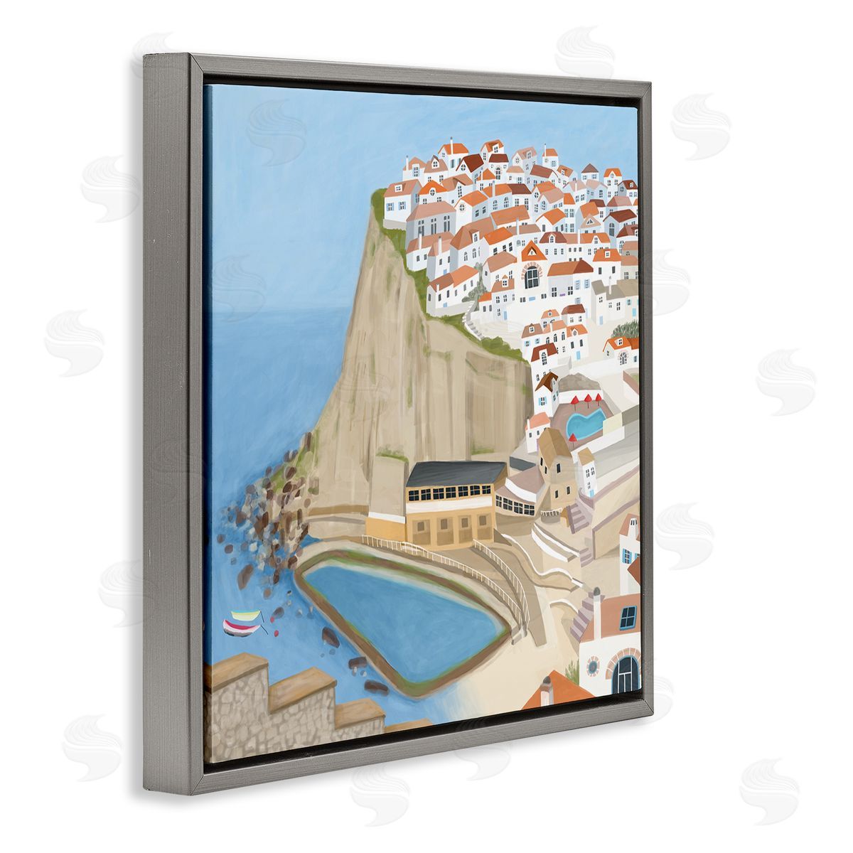 Carla Daly Portugal Sea Port Coastal City Landscape Illustration Gray Floating Frame Canvas Wall Art Print