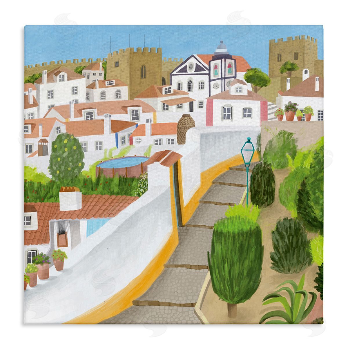 Carla Daly Portuguese Cityscape Traditional Coastal Architecture Illustration Stretched Canvas Wall Art Print