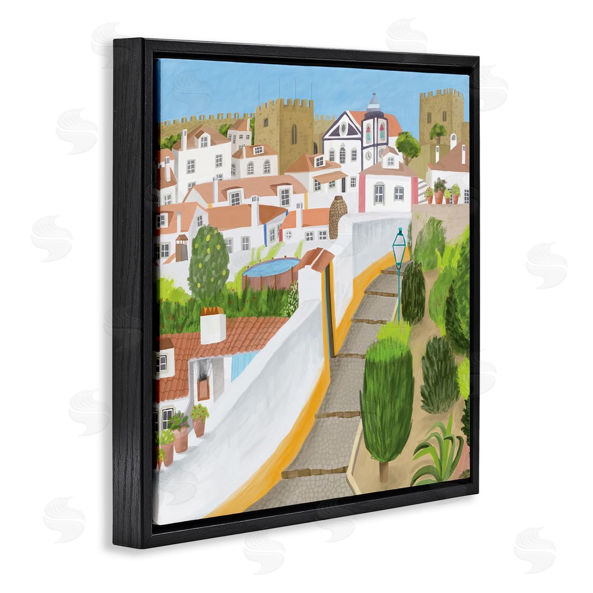 Carla Daly Portuguese Cityscape Traditional Coastal Architecture Illustration Black Floating Frame Canvas Wall Art Print