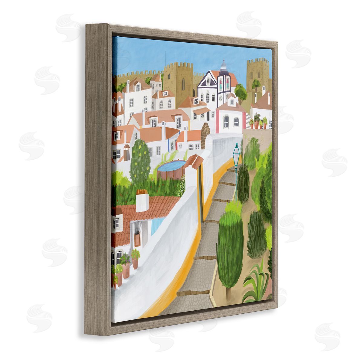 Carla Daly Portuguese Cityscape Traditional Coastal Architecture Illustration Brown Floating Frame Canvas Wall Art Print