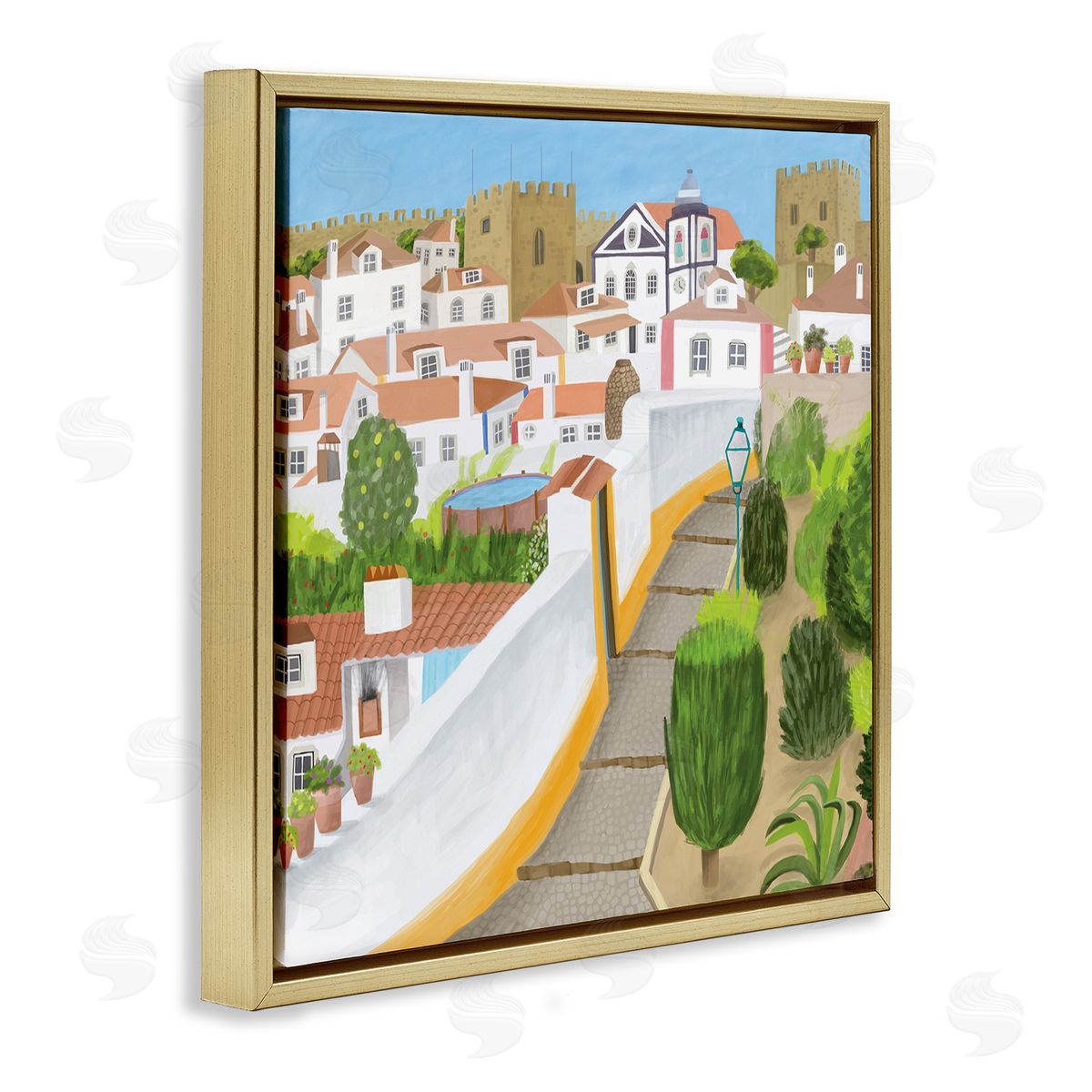 Carla Daly Portuguese Cityscape Traditional Coastal Architecture Illustration Gold Floating Frame Canvas Wall Art Print
