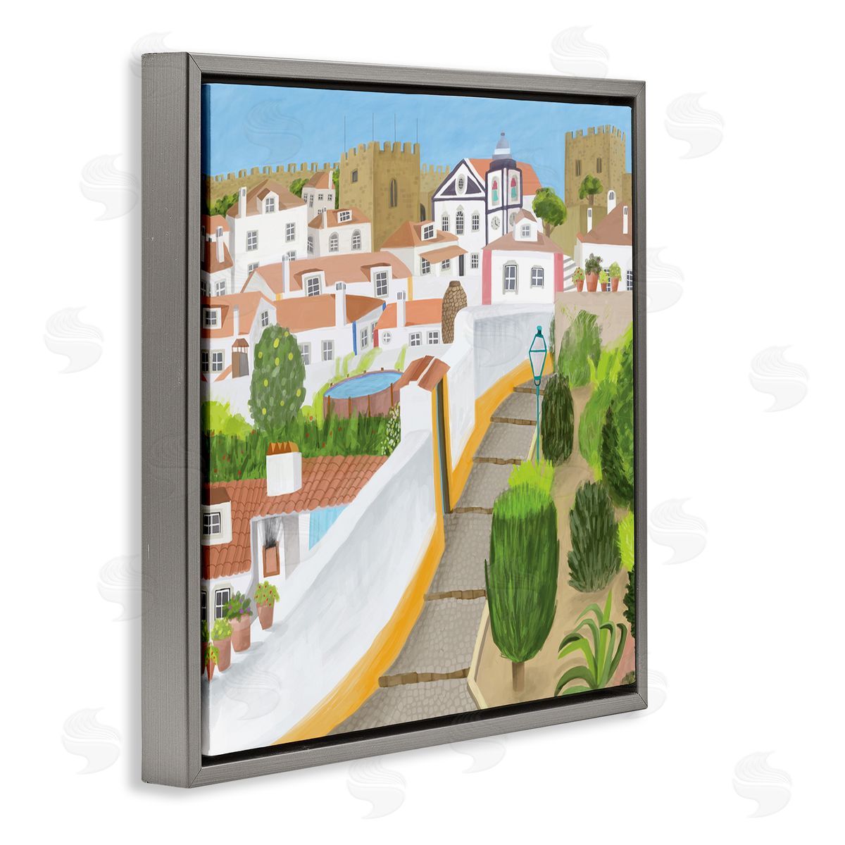Carla Daly Portuguese Cityscape Traditional Coastal Architecture Illustration Gray Floating Frame Canvas Wall Art Print