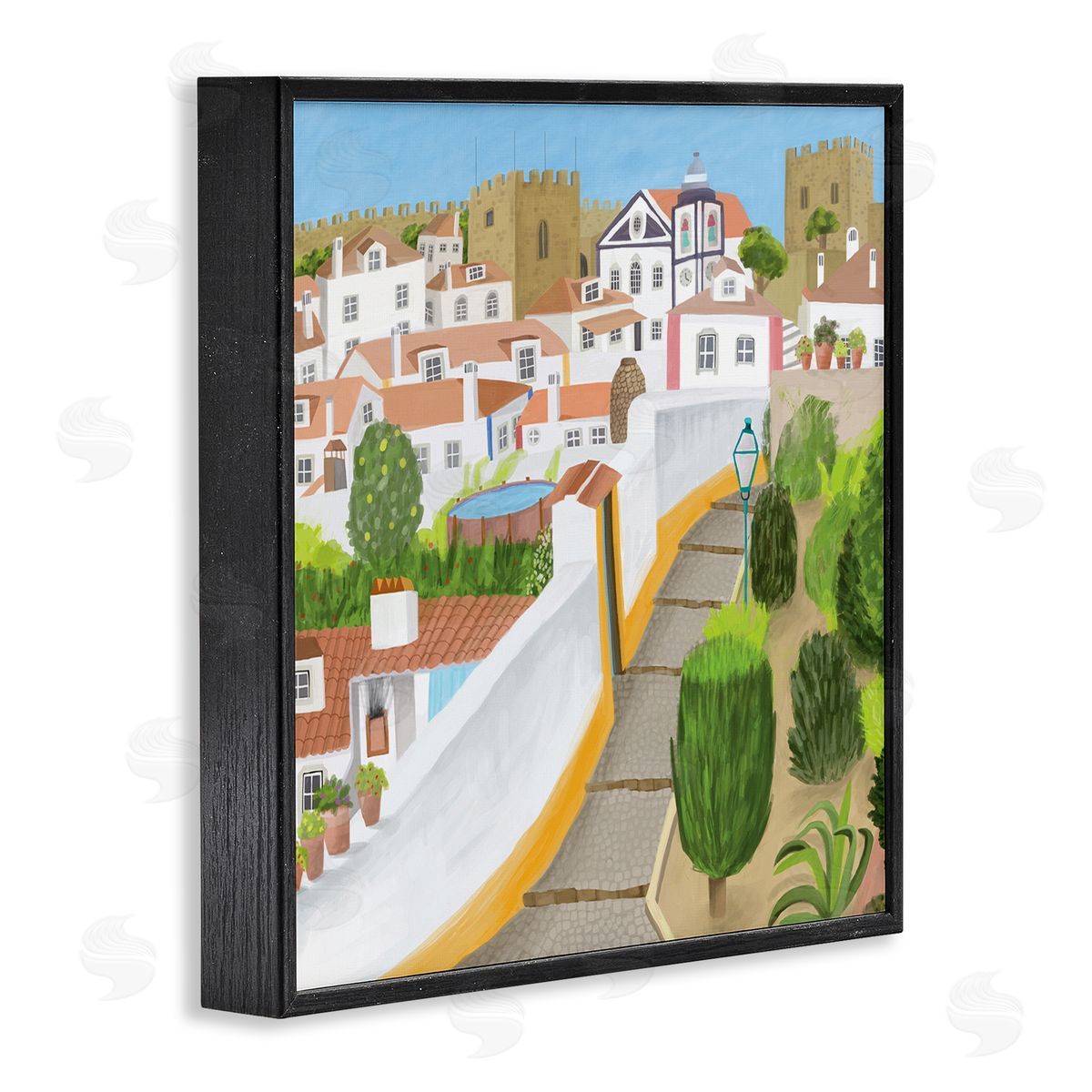 Carla Daly Portuguese Cityscape Traditional Coastal Architecture Illustration Black Framed Glicee Wall Art Print