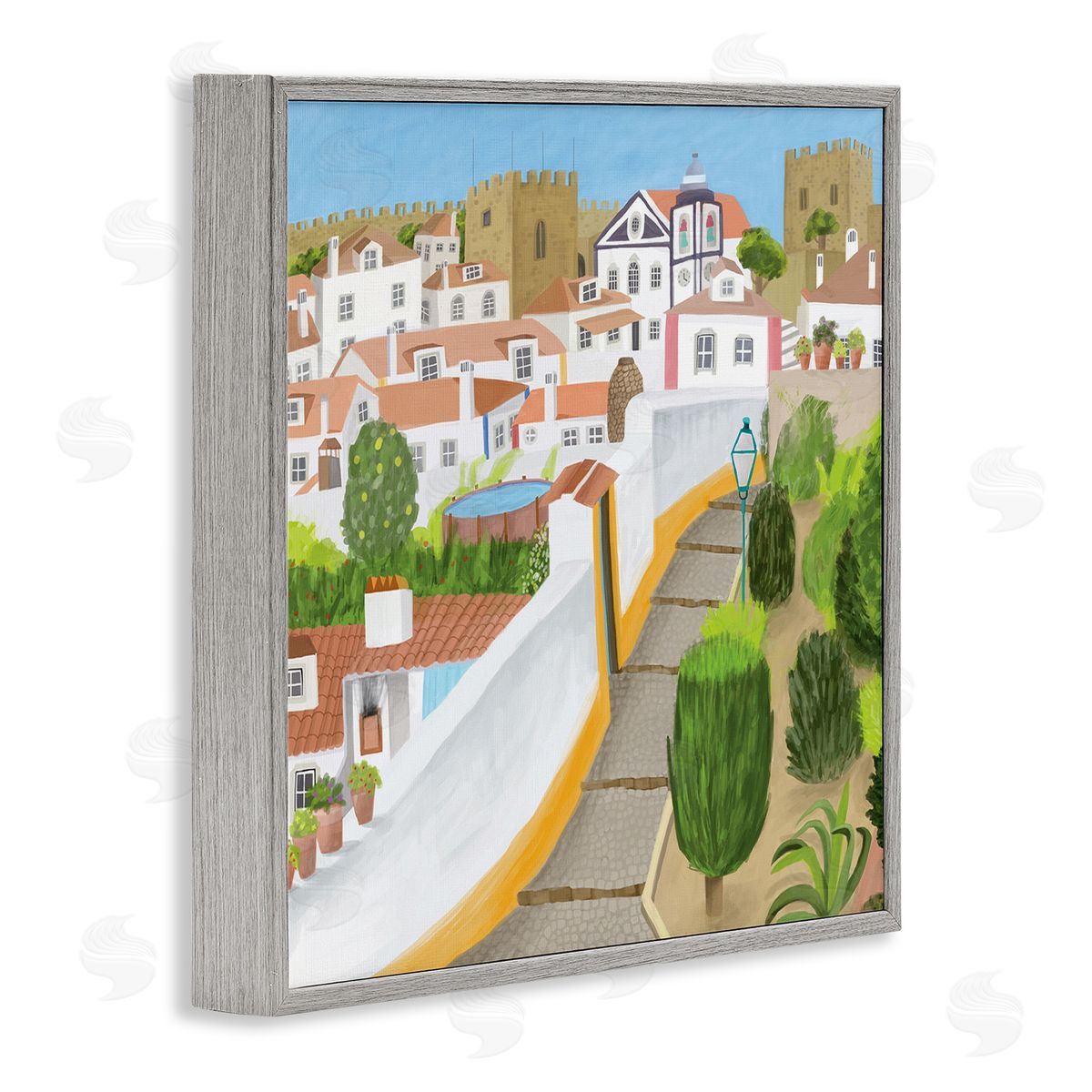 Carla Daly Portuguese Cityscape Traditional Coastal Architecture Illustration Gray Framed Glicee Wall Art Print
