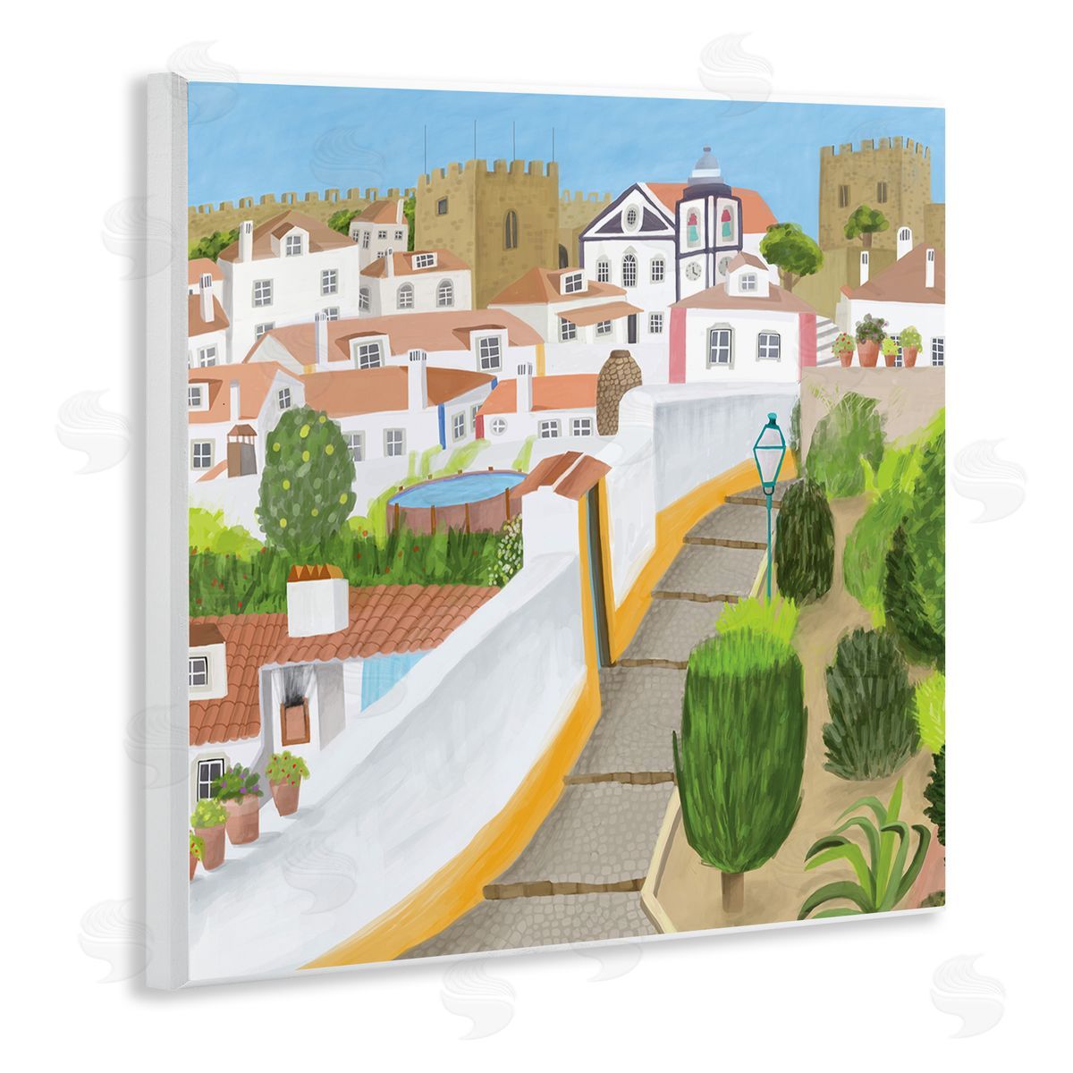 Carla Daly Portuguese Cityscape Traditional Coastal Architecture Illustration Wooden Wall Plaque Art Print