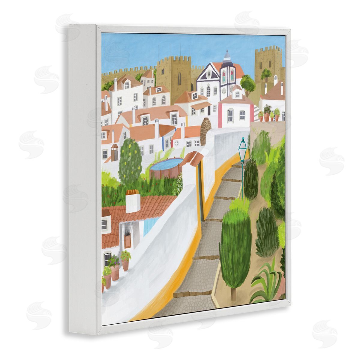 Carla Daly Portuguese Cityscape Traditional Coastal Architecture Illustration White Framed Glicee Wall Art Print
