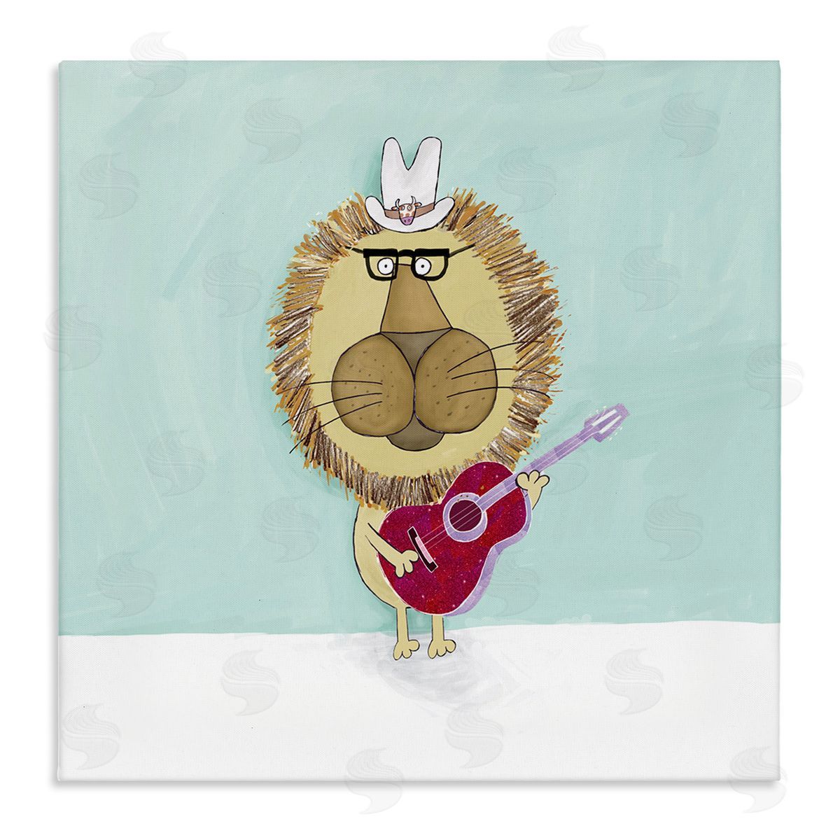 Carla Daly Lion With Cowboy Hat Playing Red Guitar Stretched Canvas Wall Art Print