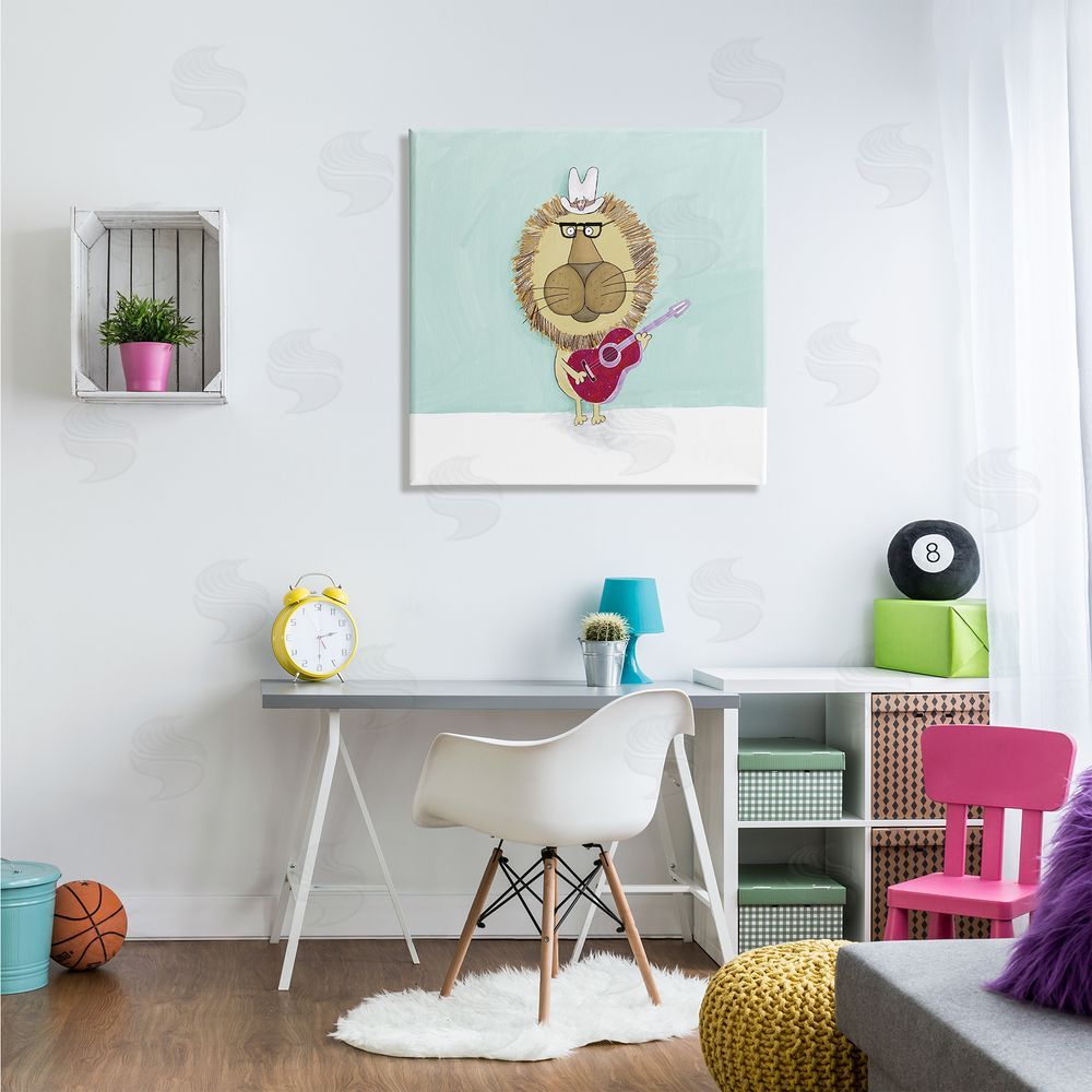 Carla Daly Lion With Cowboy Hat Playing Red Guitar Canvas Wall Art in Room