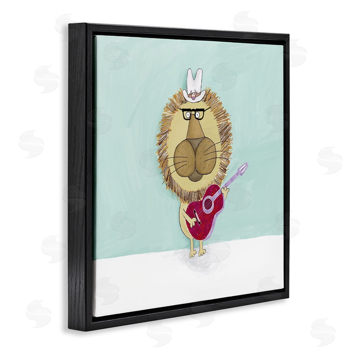 Carla Daly Lion With Cowboy Hat Playing Red Guitar Black Floating Frame Canvas Wall Art Print