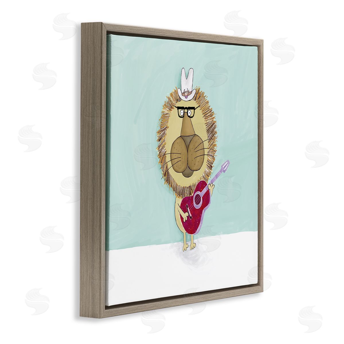 Carla Daly Lion With Cowboy Hat Playing Red Guitar Brown Floating Frame Canvas Wall Art Print