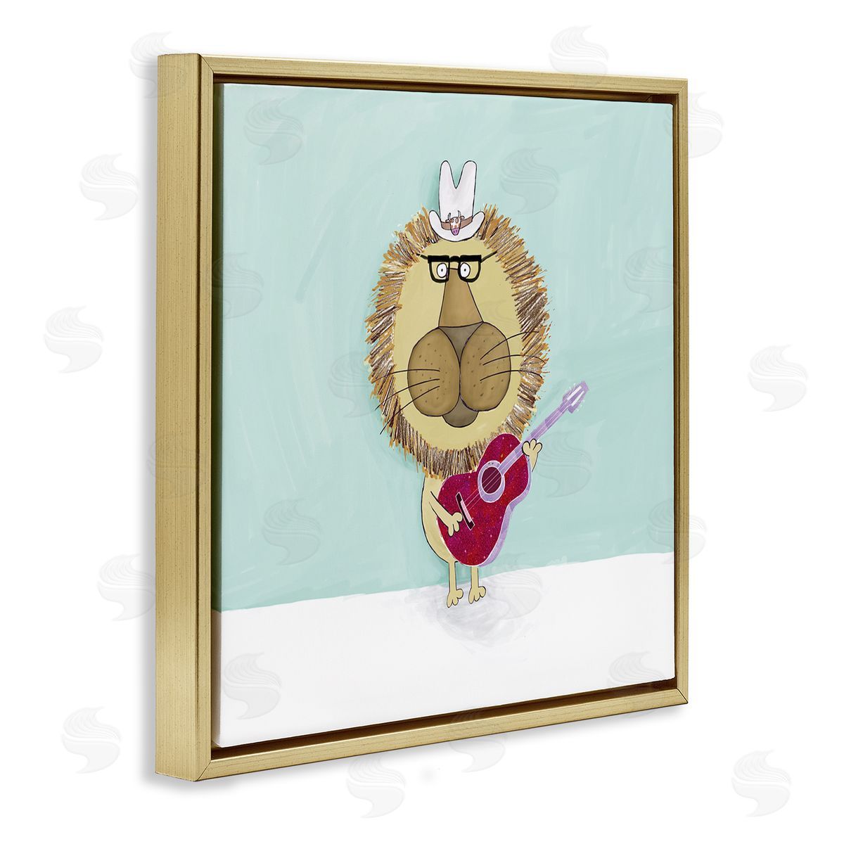 Carla Daly Lion With Cowboy Hat Playing Red Guitar Gold Floating Frame Canvas Wall Art Print