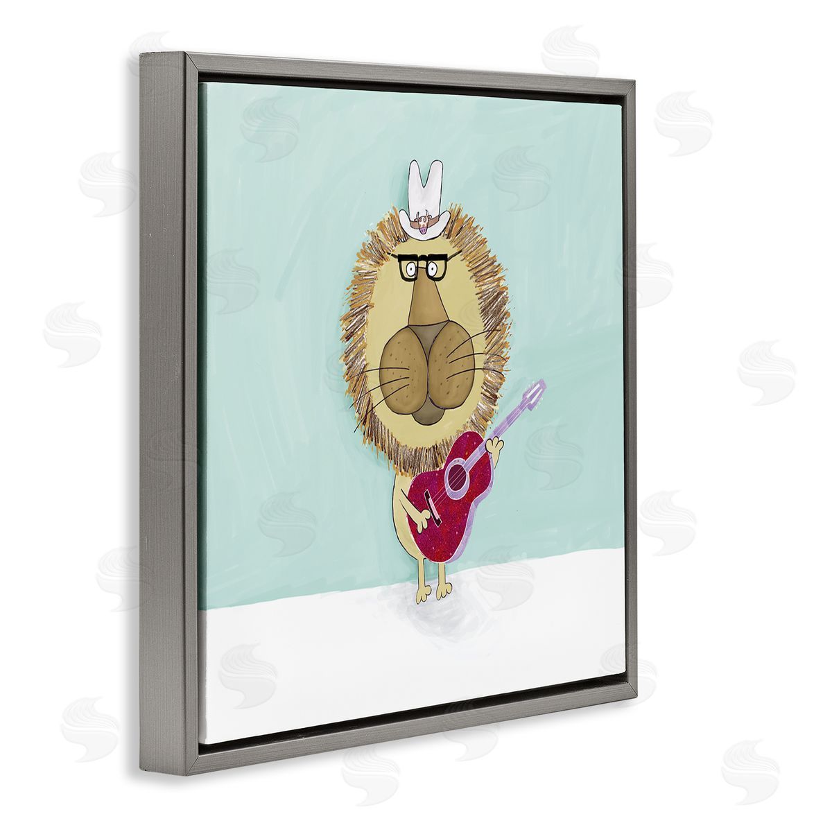Carla Daly Lion With Cowboy Hat Playing Red Guitar Gray Floating Frame Canvas Wall Art Print