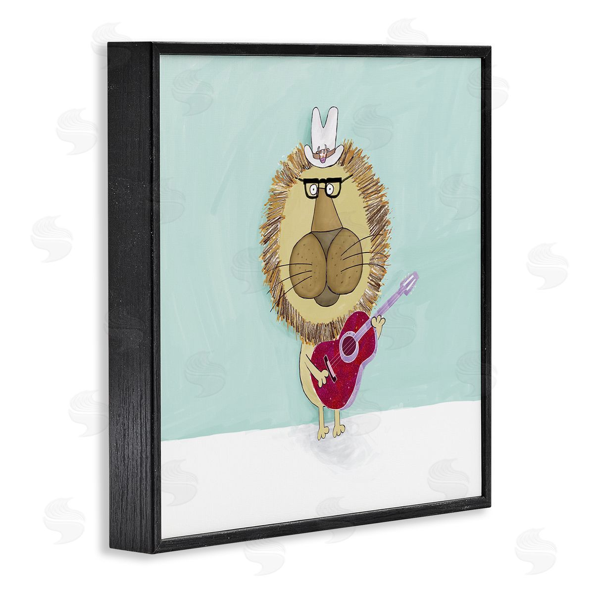 Carla Daly Lion With Cowboy Hat Playing Red Guitar Black Framed Glicee Wall Art Print