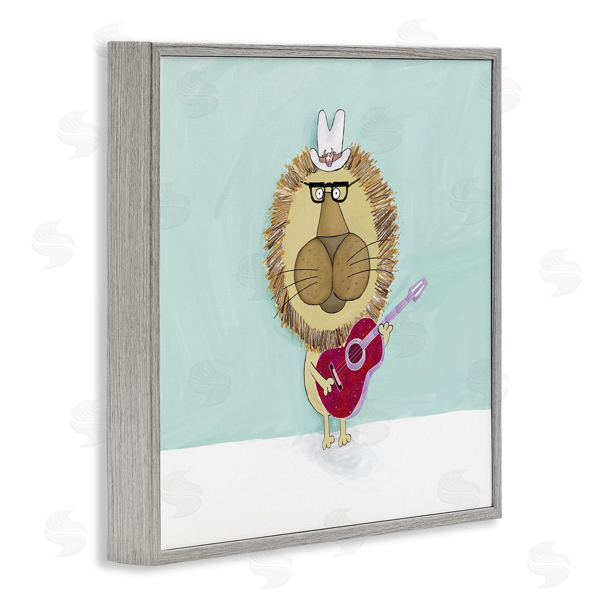 Carla Daly Lion With Cowboy Hat Playing Red Guitar Gray Framed Glicee Wall Art Print