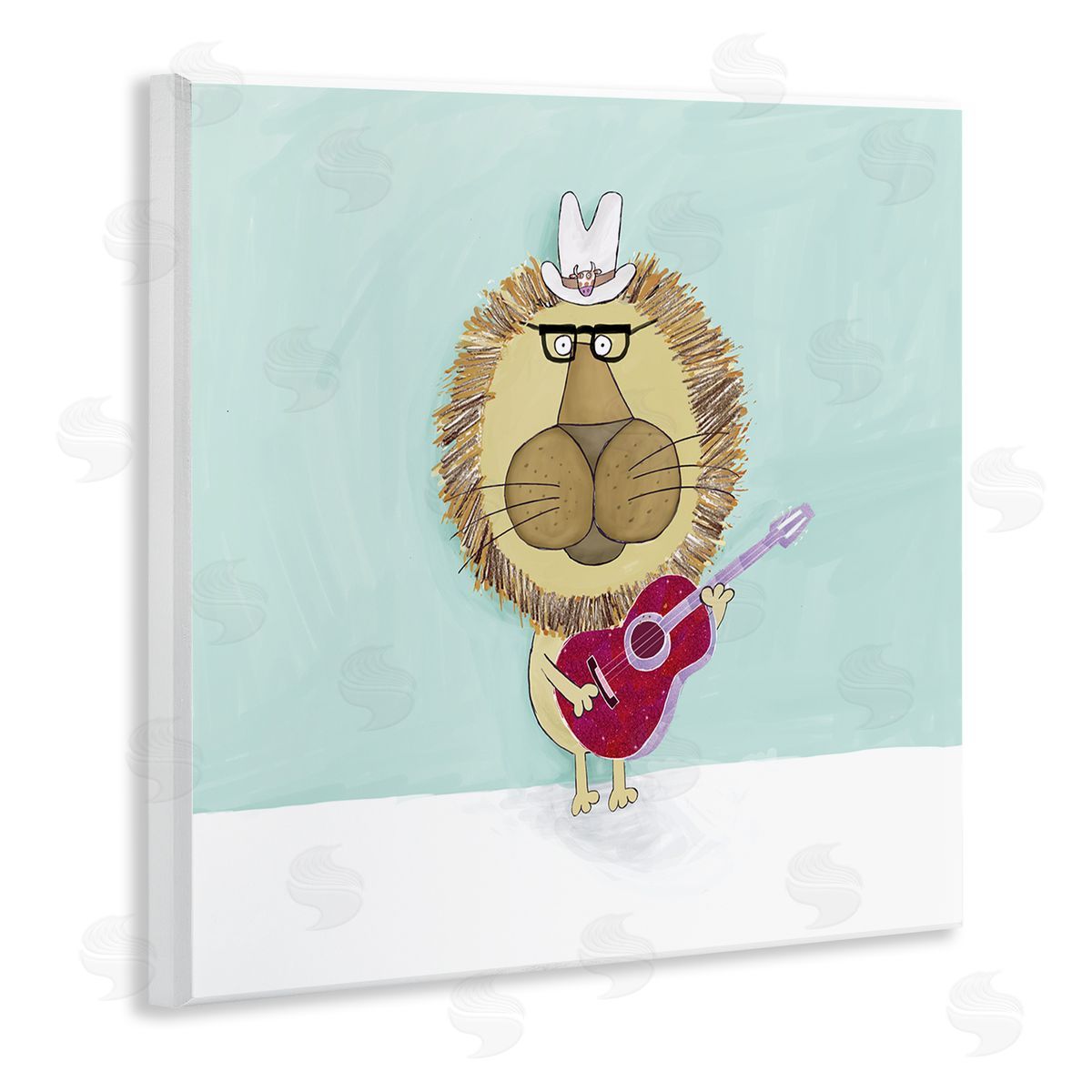 Carla Daly Lion With Cowboy Hat Playing Red Guitar Wooden Wall Plaque Art Print