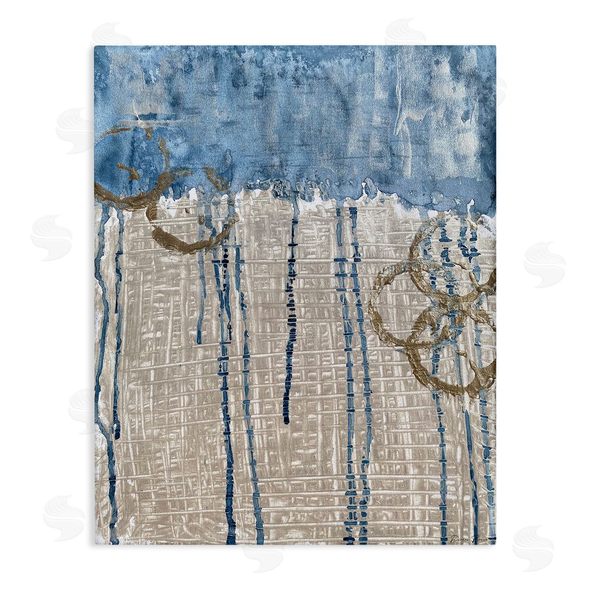Denise Brown Abstract Blue Dripping over Whicker Style Grid