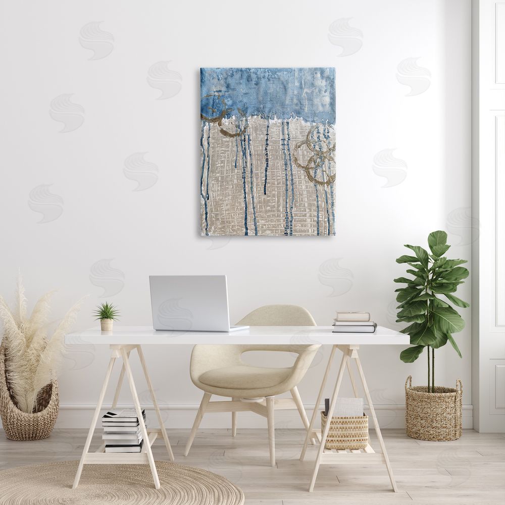 Denise Brown Abstract Blue Dripping over Whicker Style Grid